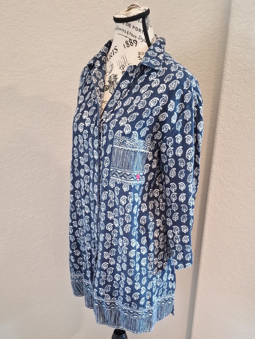Lucky Brand Paisley Boho Print Cotton Buttondown Sleep Shirt Blue White Size L